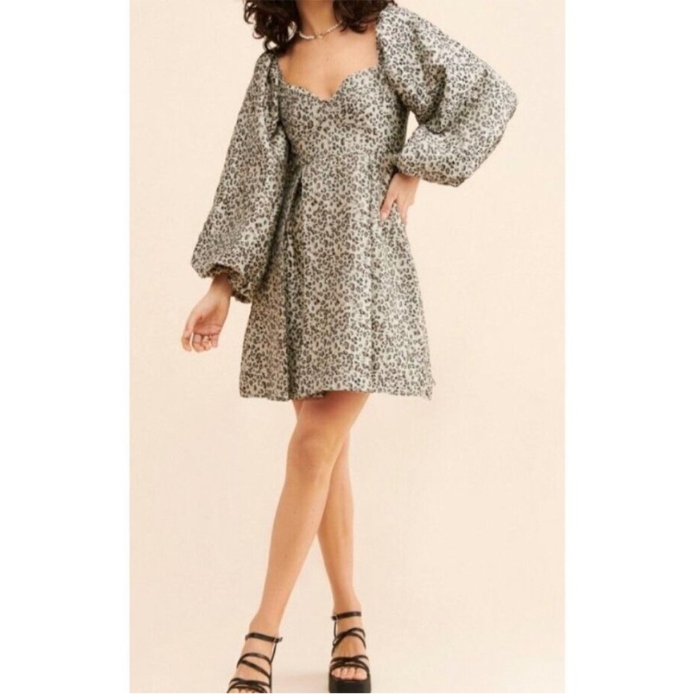 Sister Jane Jacquard Leopard Exaggerated Puff Balloon Sleeves Mini Dress